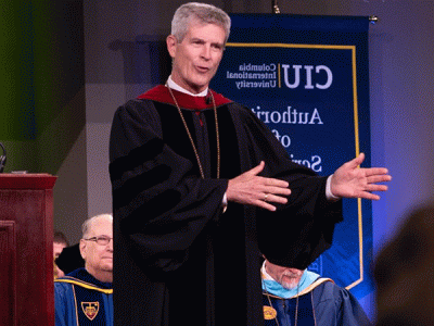 President Dr. Bill Jones begins a series on the Victorious Christian Life at Convocation 2024. (Photo by Noah Allard)